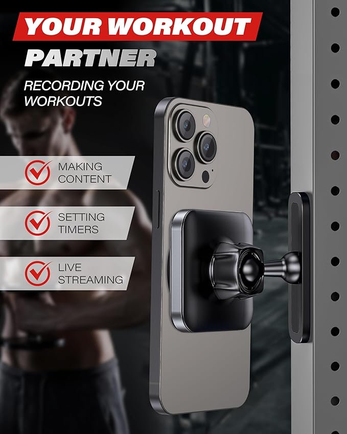 A2C Magnetic Phone Holder for Gym, Aluminum Alloy Base Attach to Metal & Non-Metal Surfaces, Gym Phone Mount for MagSafe iPhone 12-17 Series, Ideal Gym Essentials for Workouts Recording