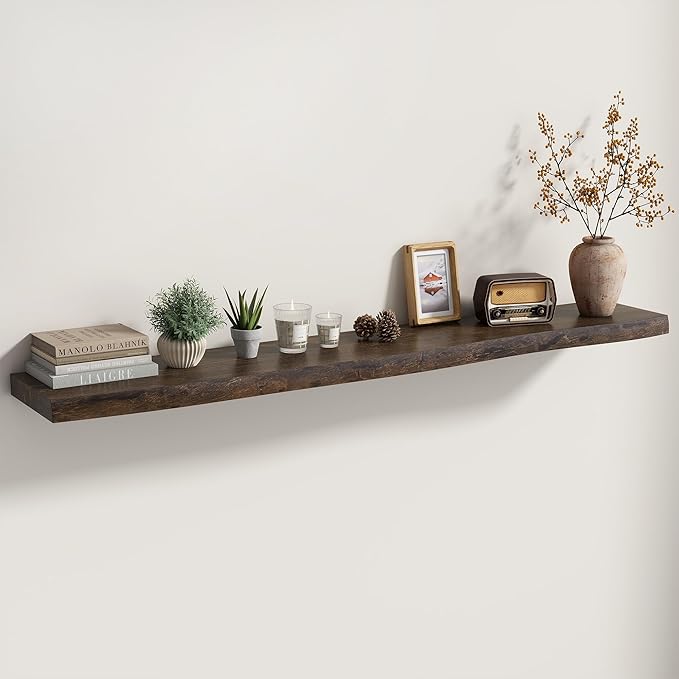 Fun Memories Floating Shelves for Wall Decor Set of 1-55 Inch Solid Elm Wood Live Edge - Rustic Walnut Wall Shelves with Invi