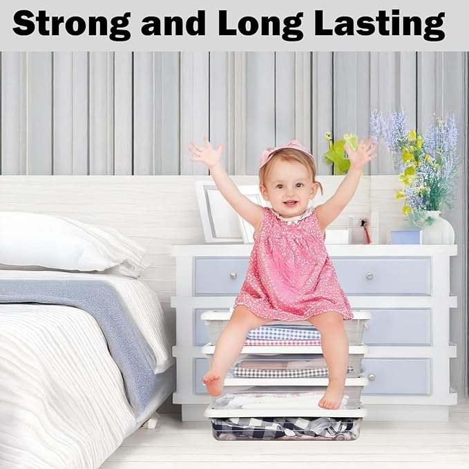4 Pcs Plastic Under Bed Storage Containers with Handles and Lid Wheels, 23.7 x 15.8 x 4.8 Inch White clear Stackable Latching