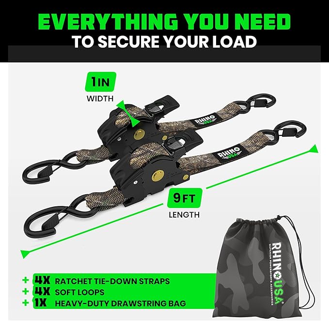 Rhino USA x Realtree Retractable Ratchet Straps (4PK) 1"x 9' (1,209lb Break Strength)- Heavy Duty Auto Self Retracting Tie Down Straps for Truck, Cargo Trailer, Motorcycle, ATV, UTV- Realtree APX Camo