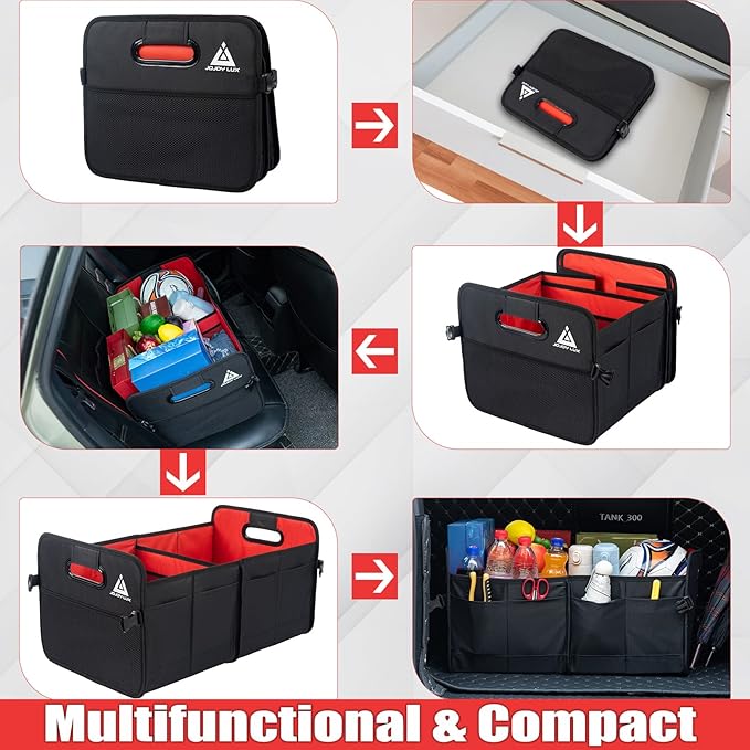 JOJOY LUX Car Trunk Organizer with Multi Compartments - Automotive Collapsible Cargo Containers with 11 Pockets Reinforced