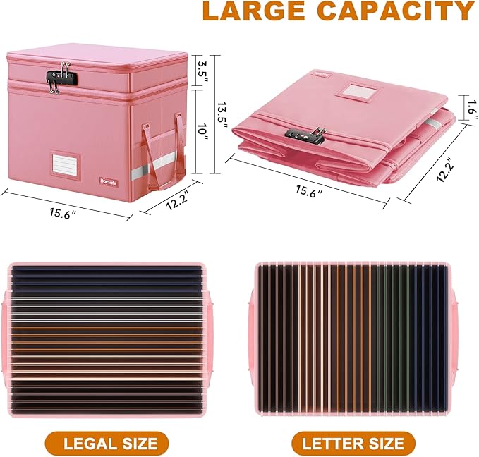 DocSafe File Box with Lock,Multi-Layer Fireproof Document Box Collapsible File Storage Organizer with Pockets/Handle,Large Po