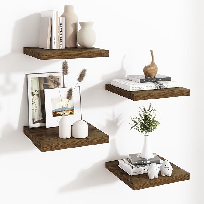 Fun Memories Square Floating Shelves for Wall - 12 Inch Deep Floating Shelves with Invisible Brackets, Brown Small Wall Shelf