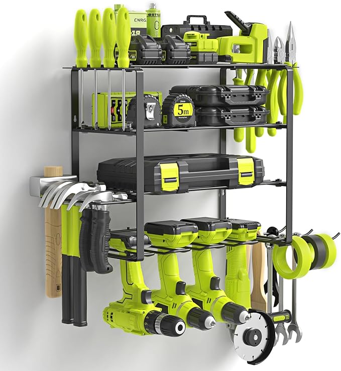 SUNALLY Power Tool Organizer, 4 Drill Holder Wall Mount, Garage Tool Organizer and Storage with Screwdriver Holder, Garage Or