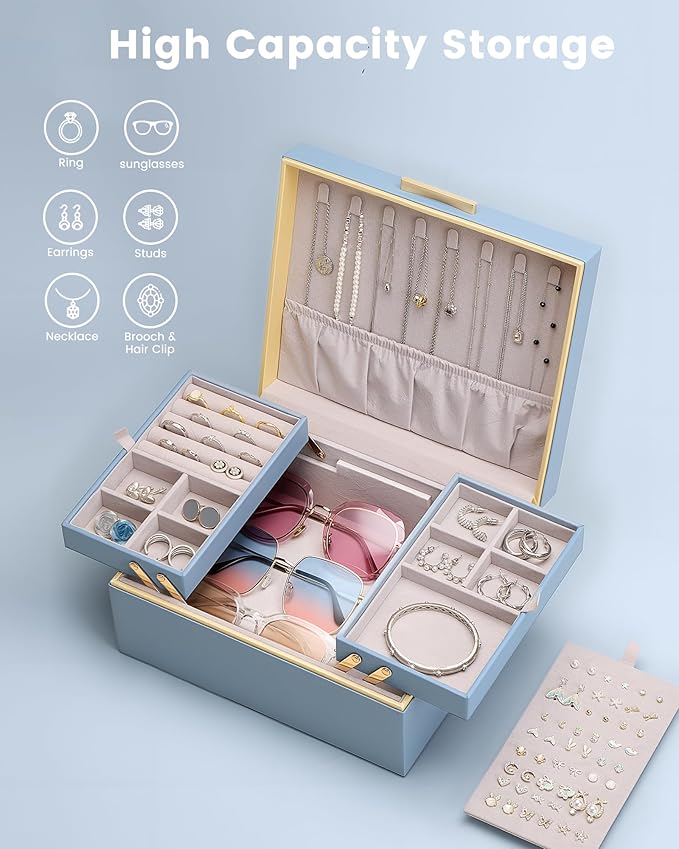 Lolalet Jewelry Box Organizer for Women Girls, 2 Layer Jewelry Organizers and Storage for Necklace Earrings Rings Bracelets, 