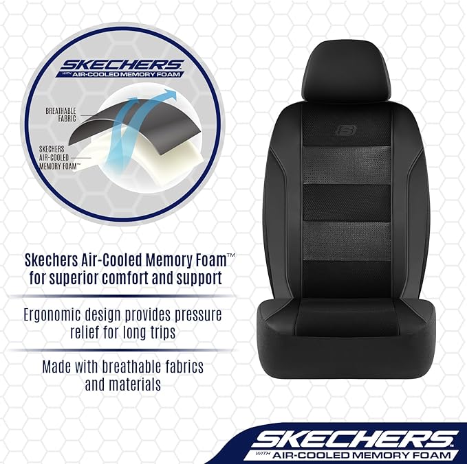 Skechers Aircooled & Memory Foam Seat Covers,Premium Leather with EVA Mesh Car Seat Covers,Seat Cover Full Sets,Airbag Compat