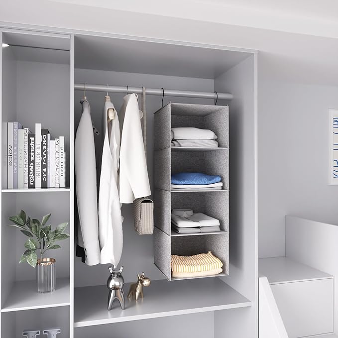 Hanging Closet Organizer, Easy Mount Collapsible 4-Shelf Camper Closet Wardrobe Hanging Storage Shelves, Folded Clothes Towel