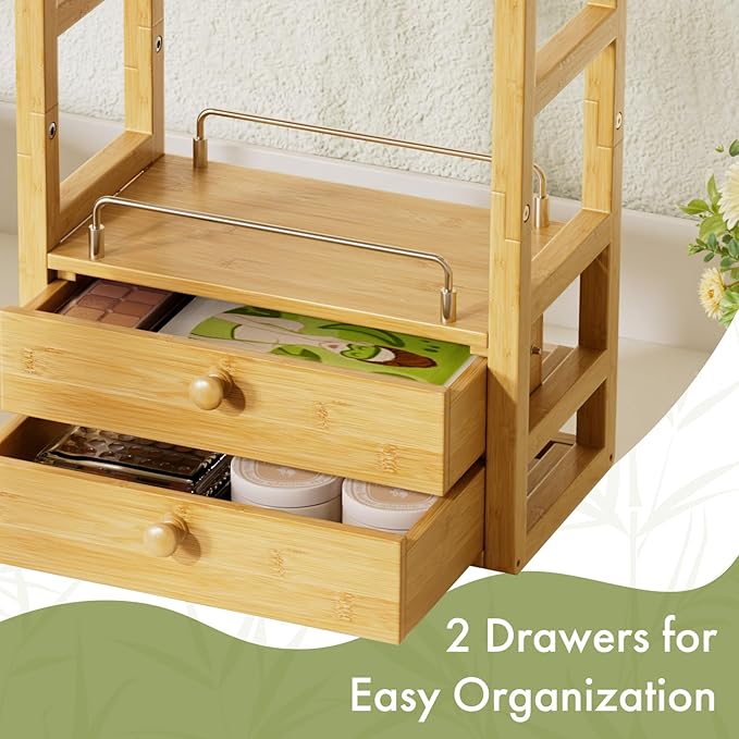 AmazerBath Bamboo Bathroom Countertop Organizer, 2-Tier Makeup Organizer with 2 Drawers, Vanity Organizer Storage Coffee Matc