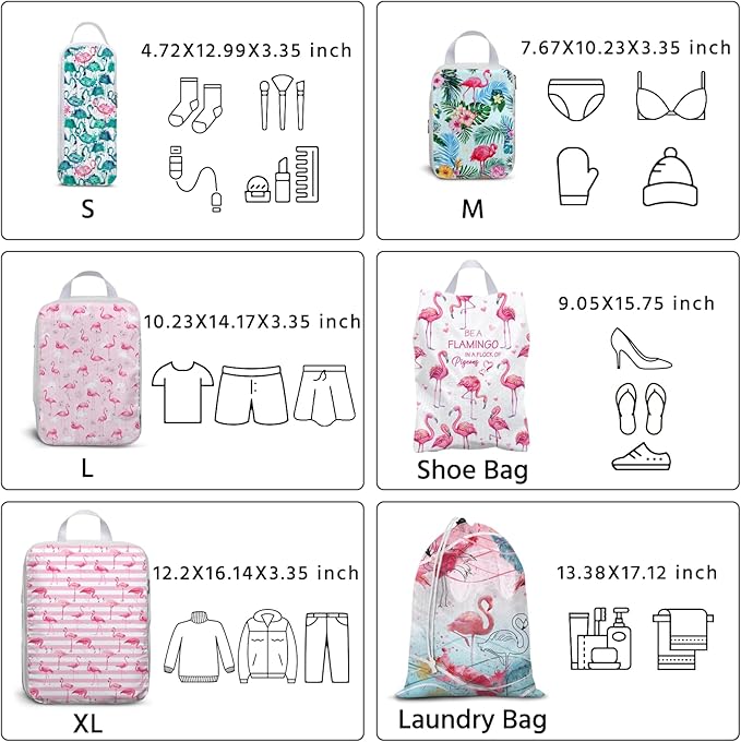 6 Pcs Compression Packing Cubes Waterproof Suitcase Travel Bag Luggage Backpack Organizer Travel Cubes for Packing-Flamingo