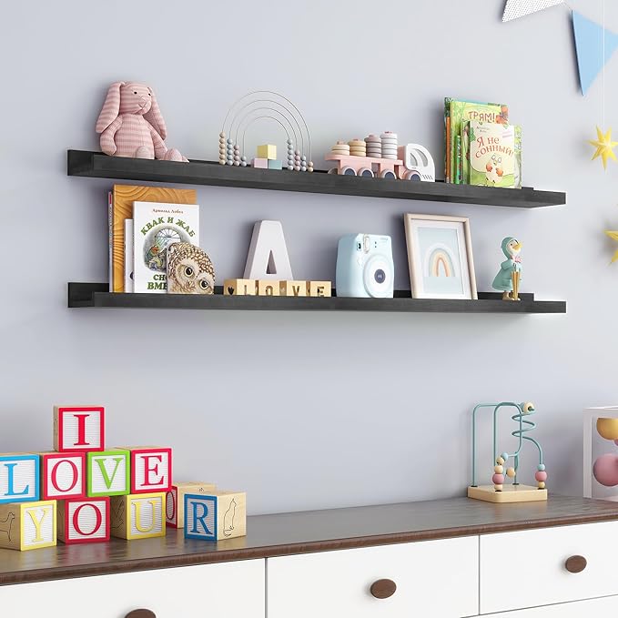 Picture Ledge Shelf for Wall, 48 inch Solid Pine Wood Nursery Book Shelves 2 Packs, Floating Ledge Shelves for Kids' Room Bed