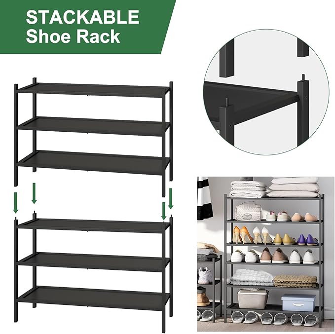 kiplant 3-Tier Black Bamboo Shoe Rack for Entryway, Stackable | Foldable | Natural, Shoe Organizer for Hallway Closet, Free S