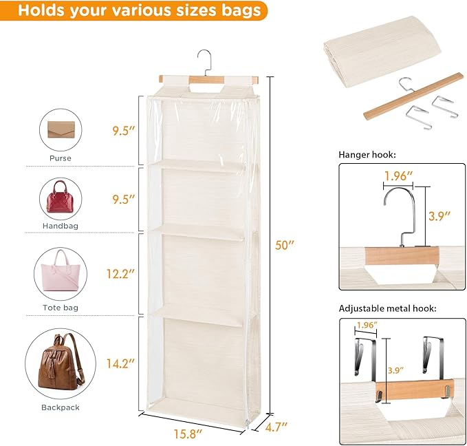 Syeeiex Over The Door Purse Organizer with Zippers, 4 Mesh Shelves,Clear Slubbed Fabric+PVC Hanging Closet Bag Organizer, Dus