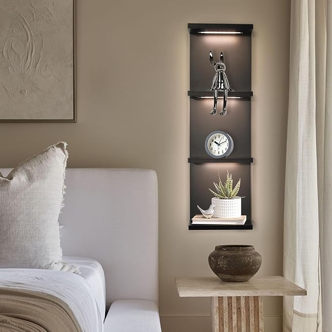 4 Tier LED Wall Shelf - Modern Floating Shelves for Makeup Vanity, Bedroom, Living Room | Easy Install Cosmetic & Display Lac