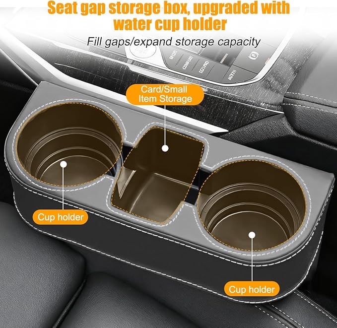 Car Seat Gap Filler Organizer with Cup Holder, Leather Multifunctional Vehicle Front Seat Crevice Storage Box Bag, Automotive Console Side Bucket Pocket, Universal Fit (Gray)