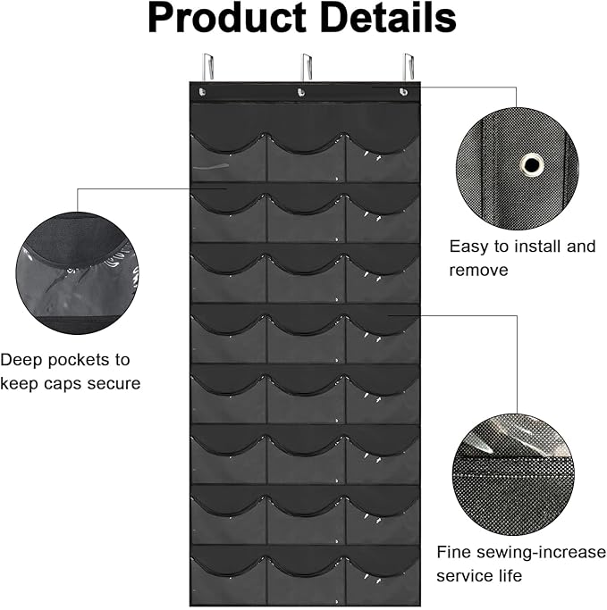 BiCINE Hat Rack for Baseball Caps, 24 Pocket Over the Door Hat Organizer with 3 Hooks, Hat Holder for Door with Large Clear P