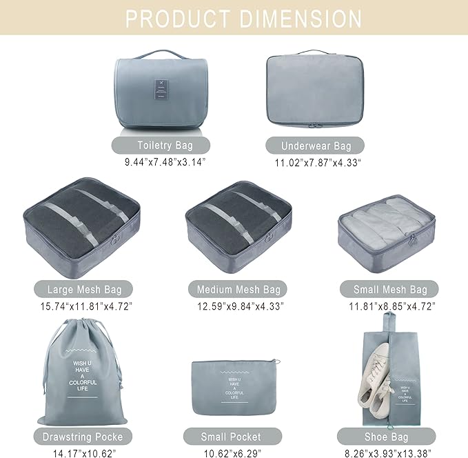 Packing Cubes, 8 Pcs Travel Packing Organizers for Suitcases, Large Capacity Travel Luggage Organizers Set includes 8 Storage