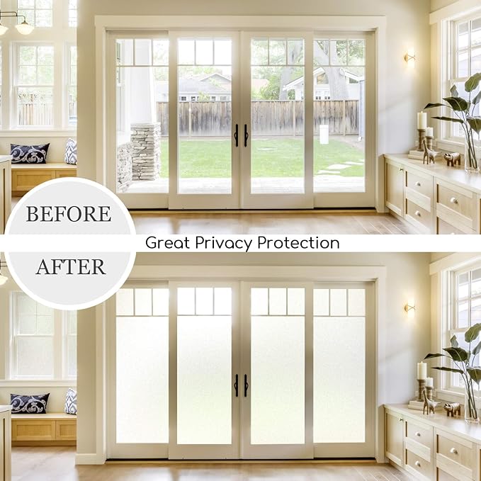 HIDBEA Frosted Window Privacy Film Non-Adhesive, Reusable Window Glass Films Heat Control Self Static Cling Removable Window Stickers for Home Office Living Room(White Frosted, 17.5 Inch x 6.5 Feet)