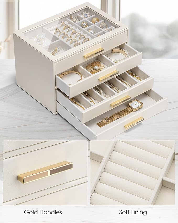 VLANDO 4 Layer Jewelry Box for Women, Glass Lid Jewelry Organizer with 4 Drawers for Necklaces Rings Earrings Bracelets - Clo