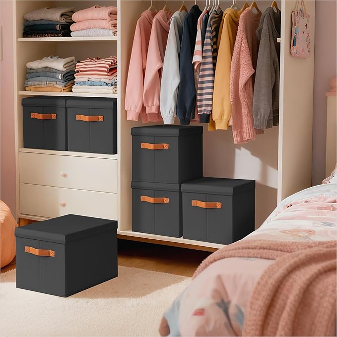 Homsorout Storage Bins with Lids - Large Fabric Closet Bins with Lid, 6 Pack Clothes Organizers and Storage, Collapsible Stac