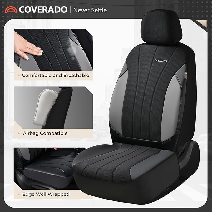 Coverado Automotive Seat Cover Full Set, Front and Rear Seat Covers, Waterproof Leather Seat Covers 5 Seats, Luxury Car Seat 