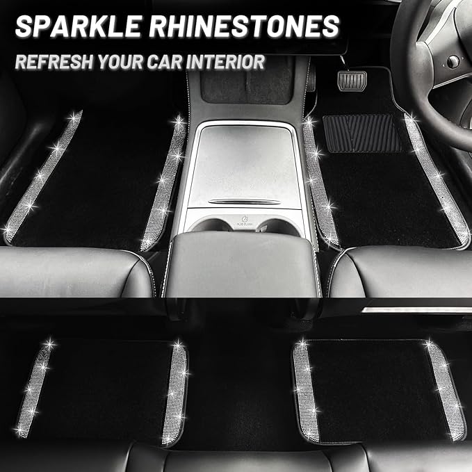 NBTEPEM Bling Car Floor Mats Full Set, Universal Fit Most Cars,SUV, Trucks, 4 pcs Sparkle Glitter Diamond Carpet for Women Girls with Anti-Slip Pad (Silver Diamond)