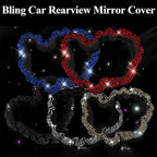 Bling Car Rearview Mirror Cover with Crystal Rhinestones Women's Full Drill Head Pillow Cover Interior Accessories - Universal Fit, Red