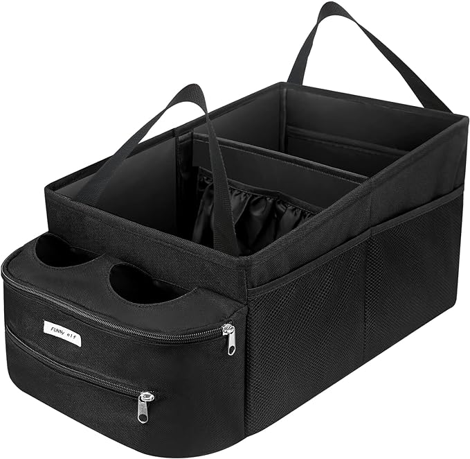 FUNNy elf Passenger Seat Organizer, Collapsible Car Storage with Partitions & 4 Cup Holders for Front or Back Seat
