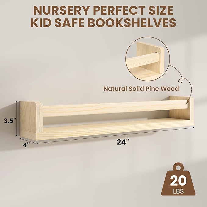 Fun Memories Nursery Book Shelves Set of 4, 24 Inch Solid Wood Wall Book Shelves, Kids Room Floating Shelves Organizer & Toy 