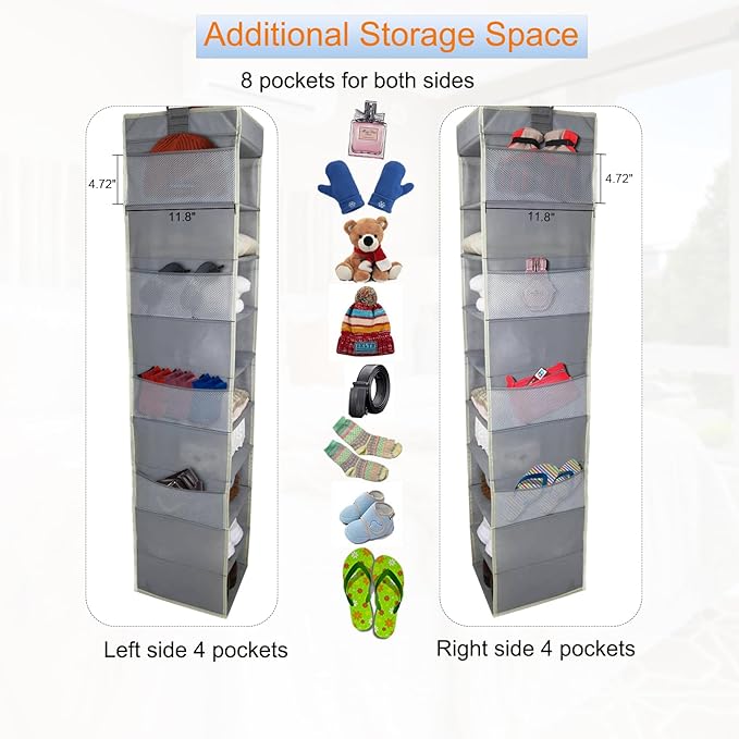 Large-Sized Hanging Shoe Organizer 10-Shelf, Sturdy Hanging Closet Organizer with 8 Side Pockets, Wider Hanging Shelves for S
