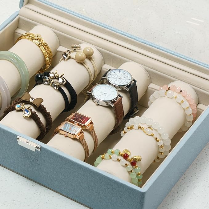 Bracelets Organizer Rods Bangles Display Holder, Clear See through Lid Leather Velvet Jewelry Storage Box Case for Women, 4 R