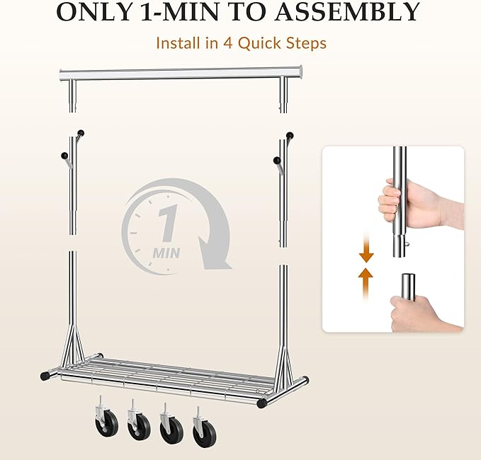 Gewudraw Heavy Duty Clothes Rack Load 630 lbs, Metal Rolling Clothing Rack With Sturdy Wheel And Shelves, Adjustable Portable