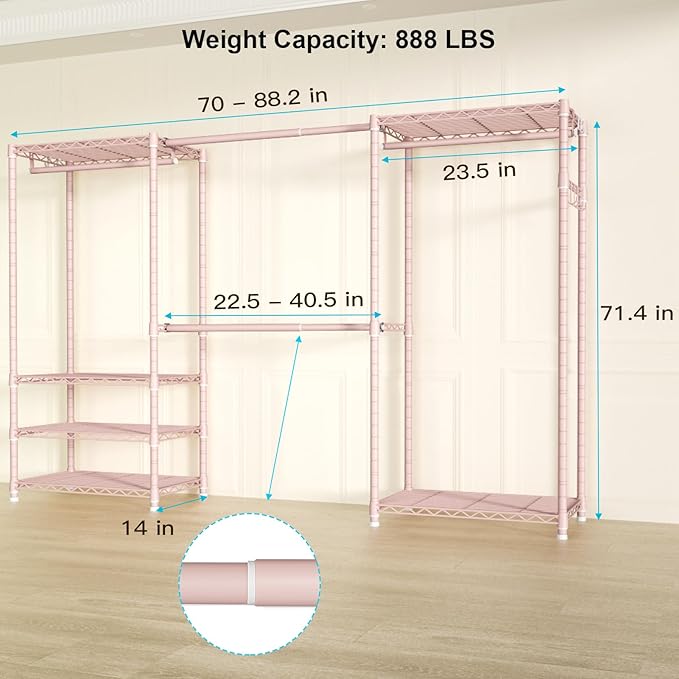 Ulif E1 Heavy Duty Closet Garment Rack, 6 Tiers Adjustable Metal Freestanding Expandable Clothing Storage with 4 Hanger Rods,
