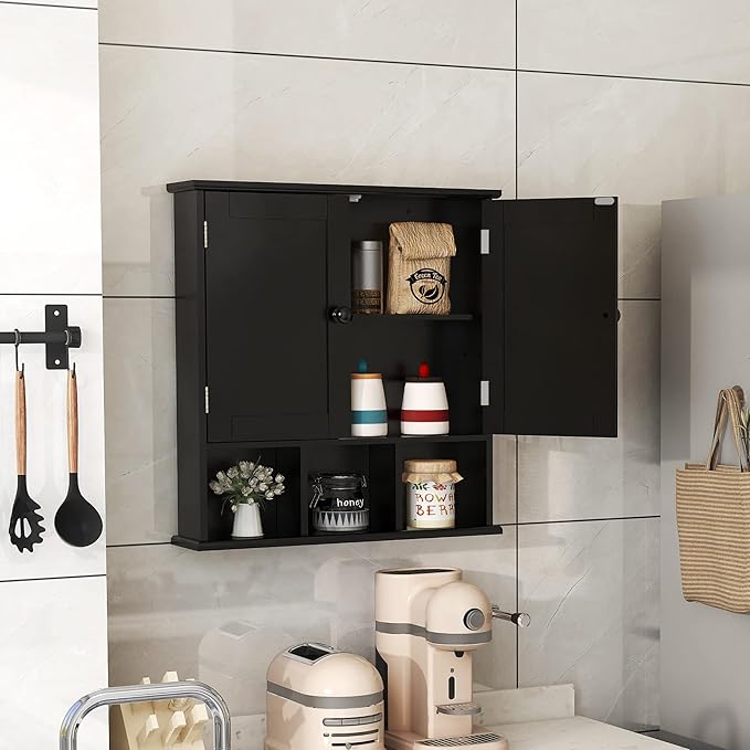 TaoHFE Black Bathroom Over The Toilet Storage Cabinet,Wall Medicine Cabinet Organizer with 2 Door Adjustable Shelves,Wooden M
