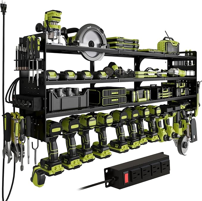 12 Cordless Drill Holder Large Power Tool Organizer Wall Mount with Side Pegboard & Screwdriver Holder, 4-Tier Heavy Duty Met