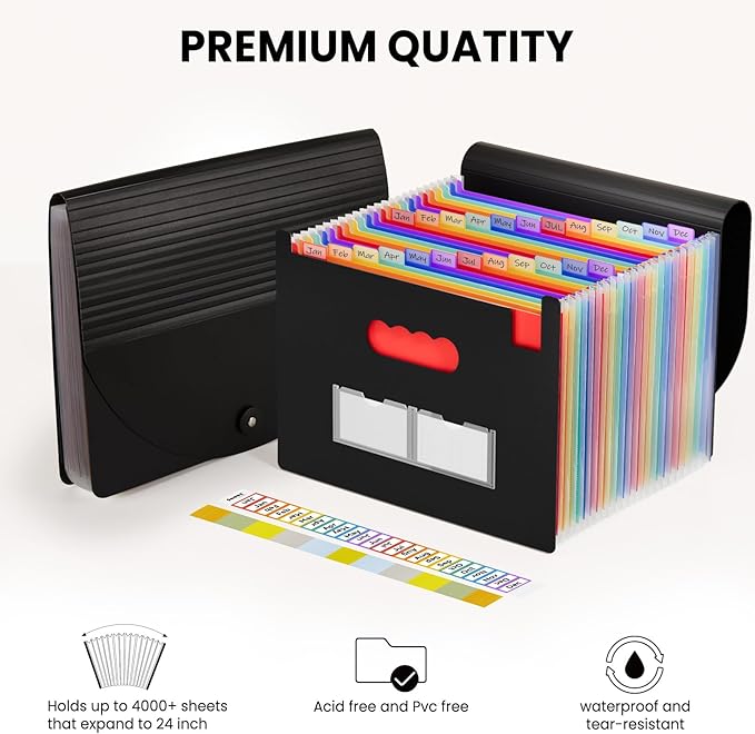 Sooez 24 Pockets Expanding File Folder with Blank Labels, According File Organizer with Expandable Cover, Desktop Accordion F