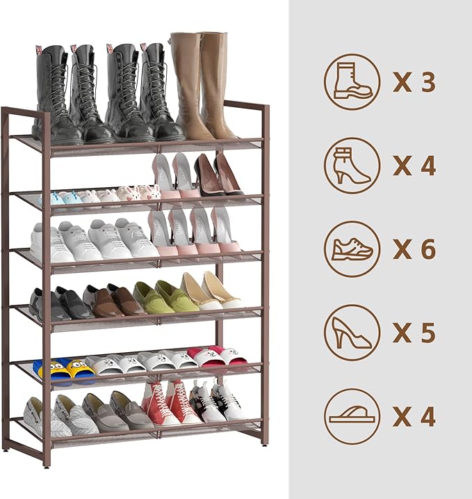 6-Tier Metal Large Shoe Rack,Tall Shoe Rack for Closet,entryway,Garage, with Adjustable Flat or Angled Shelves, Hold 20-26 Pa