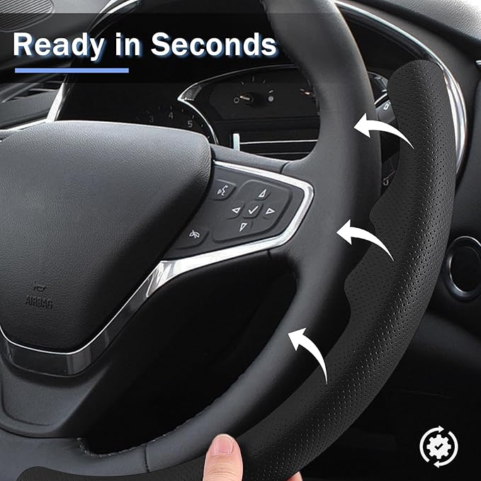 Steering Wheel Cover for Chevy Malibu 2016-2024/ Equinox 2018-2024/ Bolt EV 2017-2021/ Volt 2016-2019, Car Steering Wheel Cover for Chevrolet (Black Perforated Leather)