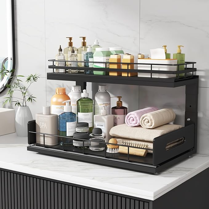 Under Sink Organizer Upgrade To Professional Rails,2-Tier Dual Pull Out Cabinet Storage,Height Adjustable Slide Out Drawers F