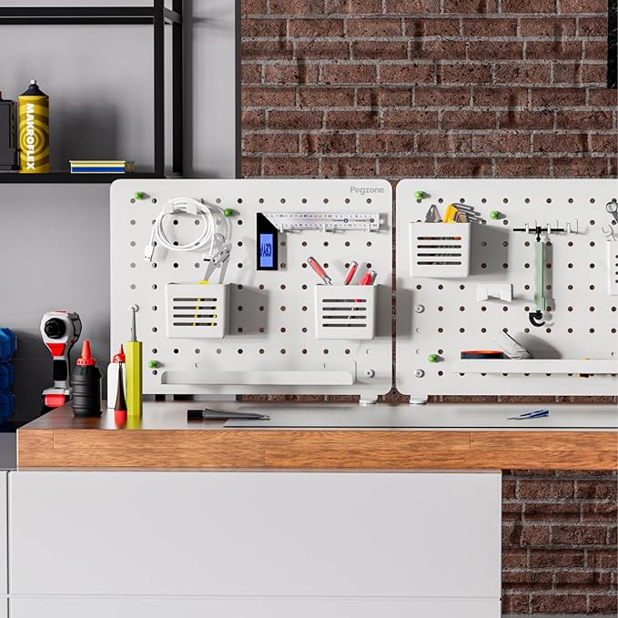 PEGZONE Clamp-on Desk Pegboard, Desk Organizer for Office Gaming Home, Magnetic Metal Peg Board with 10 Accessories, Privacy 