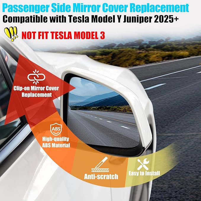 Jaronx Compatible with Tesla Model Y Mirror Cover Replacement Juniper 2025 2026, Right Passenger Side Clip-on Rear View Mirror Cover Cap for Model Y Juniper Accessories 1963539-D0-B (Pearl White)