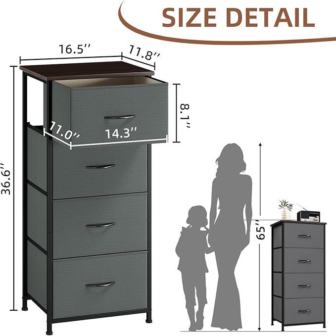 Somdot Dresser for Bedroom with 4 Drawers, Storage Organizer Chest of Drawers with Removable Fabric Bins for Closet Bedside L