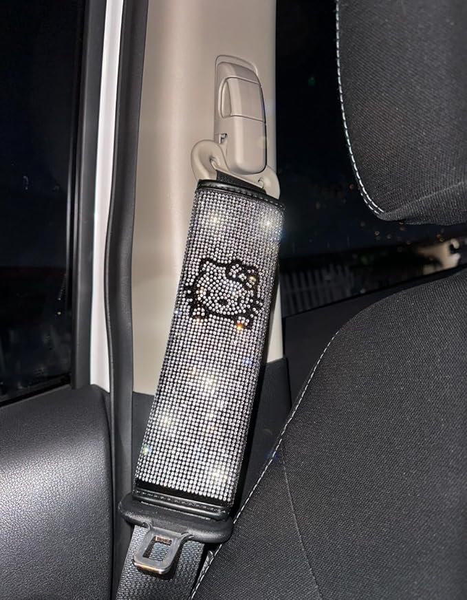 Fashion Car Ultra Bling Steering Wheel Cover with Sparkly Diamond Rhinestones, Gorgeous Accessory with Anti Slip Lining Extra Bling Especially Shiny Cat Exotic Universal (Seat Belts Silver)
