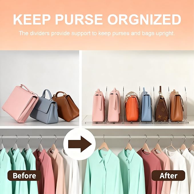 ANTOWIN 2 Pack Purse Organizers for Closet, Clear Adjustable Shelf Divider, Handbag Separators Storage Organizer, Shelf Divid