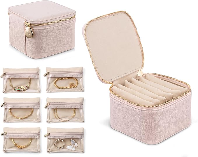 VLANDO Travel Jewelry Box Organizer – Portable PU Leather Jewelry Case with 6/8/12 Zippered Pouches, Compact Storage for Earr