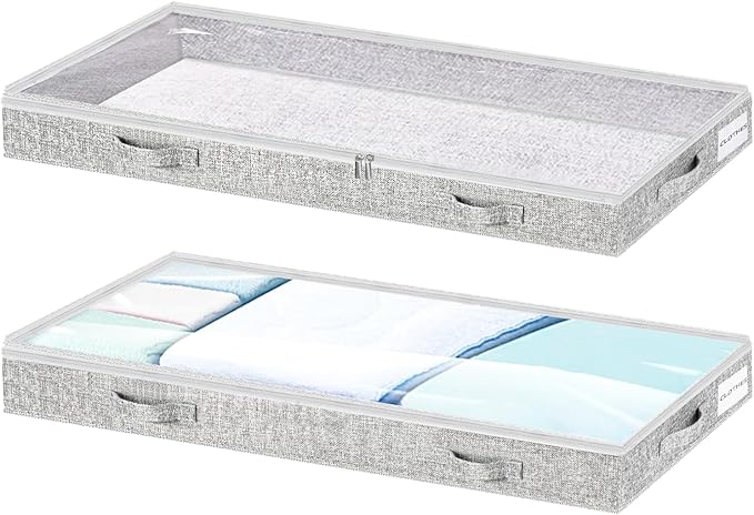 Low Profile Under Bed Storage, 3-Inch High Foldable Underbed Storage Bins with Lid & Zipper, No Structure, Super Slim Clothes