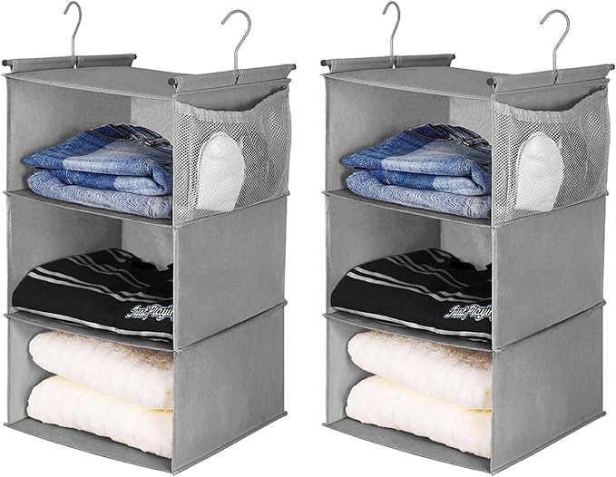 MAX Houser 3 Tier Shelf Hanging Closet Organizer, Closet Hanging Shelf with 2 Sturdy Hooks for Storage, 2 Pack, Foldable (Gre