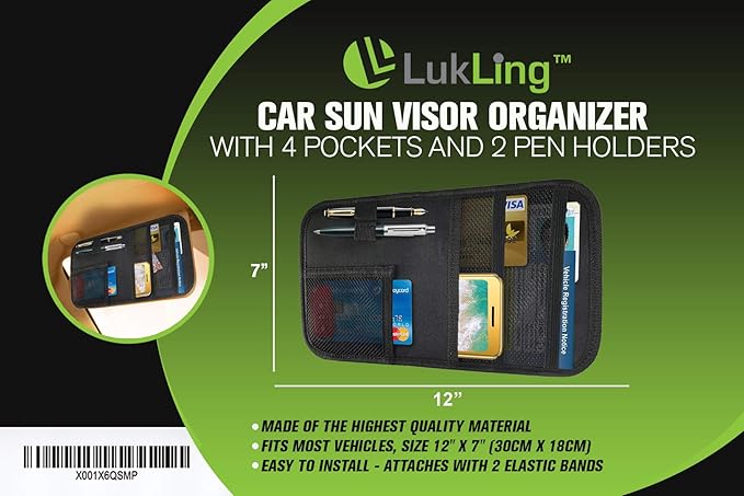 Car Sun Visor Organizer with 4 Pockets and 2 Pen Holders