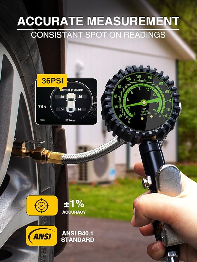 AZUNO Heavy Duty Tire Pressure Gauge, Tire Inflator Gauge 230PSI Air Chuck Air Compressor Attachments, with Steel Braided Hose, Large 2.6" Glow Dial & Quick Connect Coupler, for Truck/Car/SUV/RV/Bike