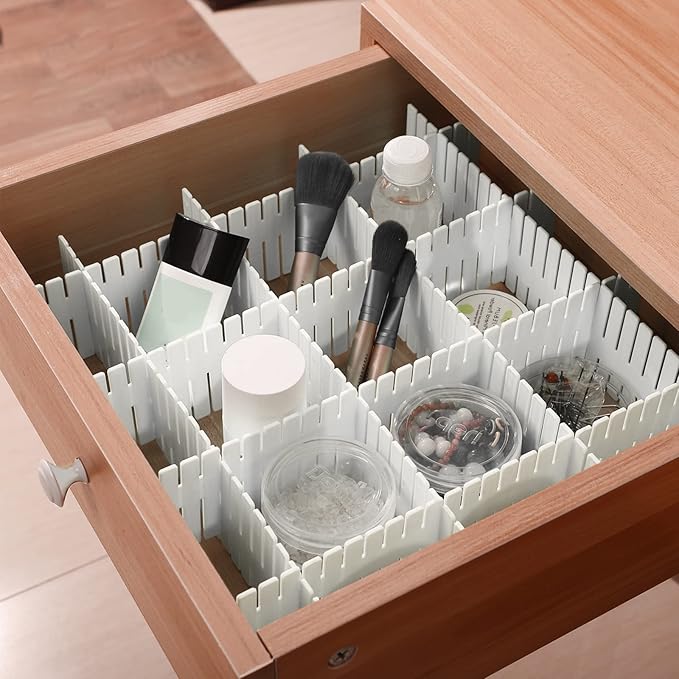 JOIKIT 64 Pack White Plastic DIY Grid Drawer Dividers, Adjustable Drawer Divider Organizer, Household Storage Makeup Socks Un