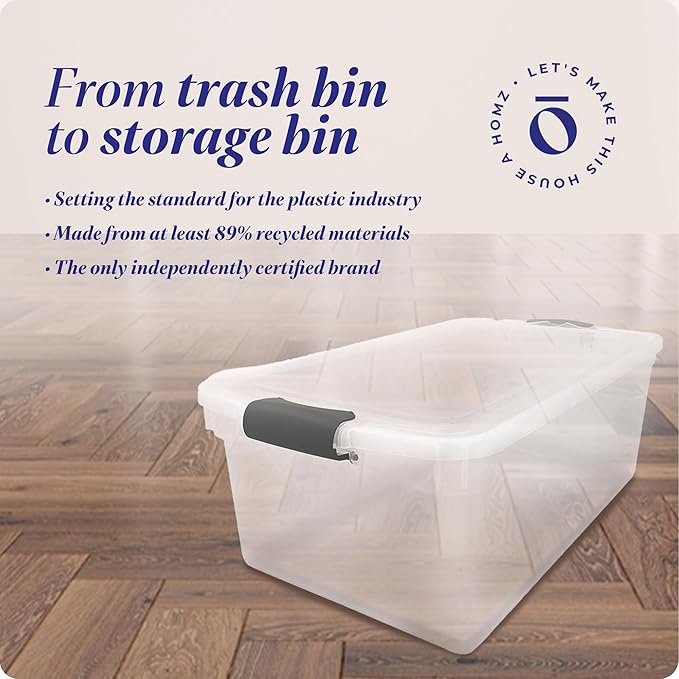 HOMZ 2-Pack Latching Lid, Large Clear Plastic Storage Bins with Lids, 66 Quart, Gray Latch - Stackable Container Boxes for Ho